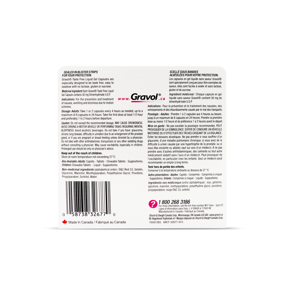 Gravol taste free liquid gel capsules (Dimenhydrinate)